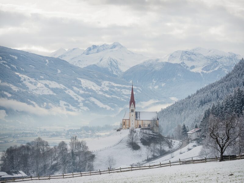 Church in Zillertal valley in the snow